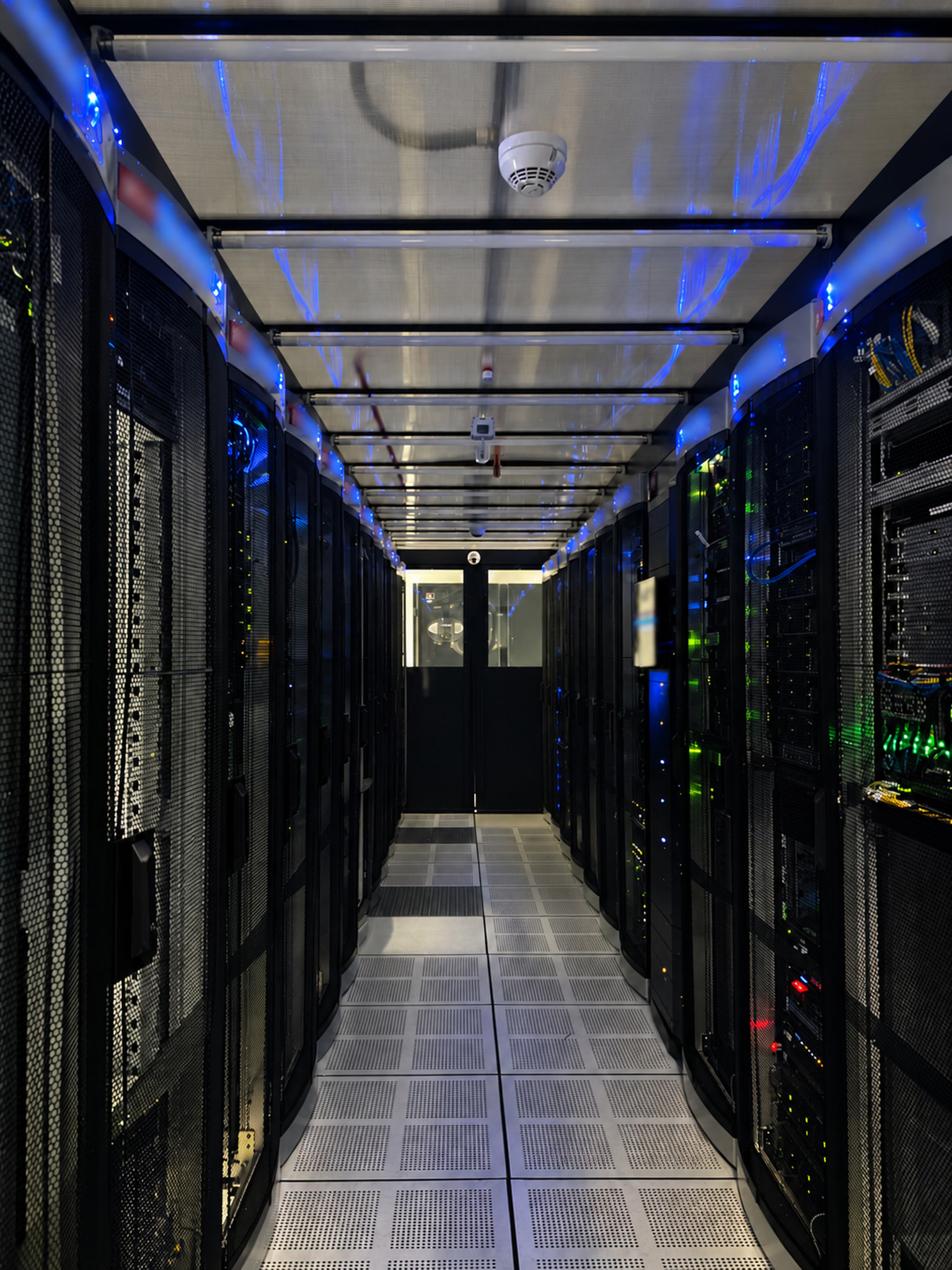 Corredor de racks e equipamentos no data center da infraestrutura Attus